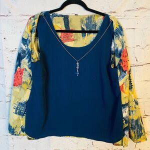 Notations Yellow Blue Red Layered Dress Shirt Blouse Women Size XL 3/4 Sleeves